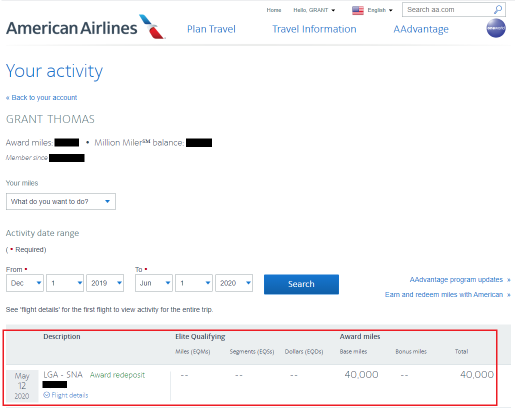 American Airlines Award Ticket Miles Redeposited 5 12 2020