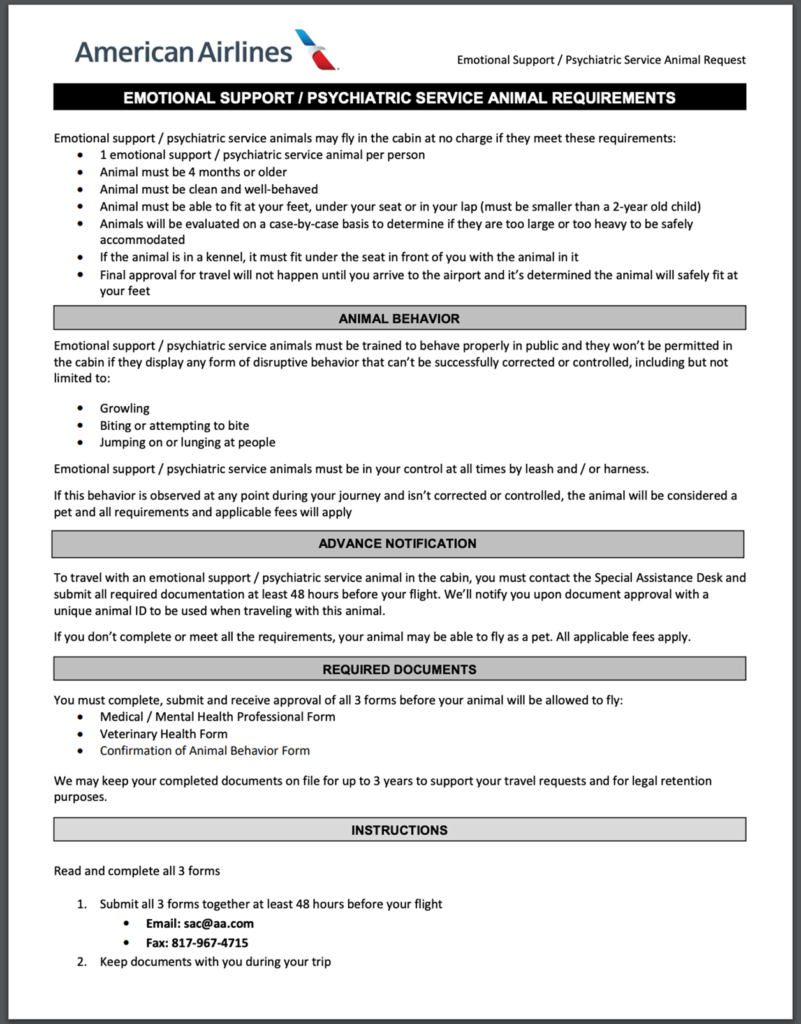 American Airlines Emotional Support Animal Form 2020 801x1024 1