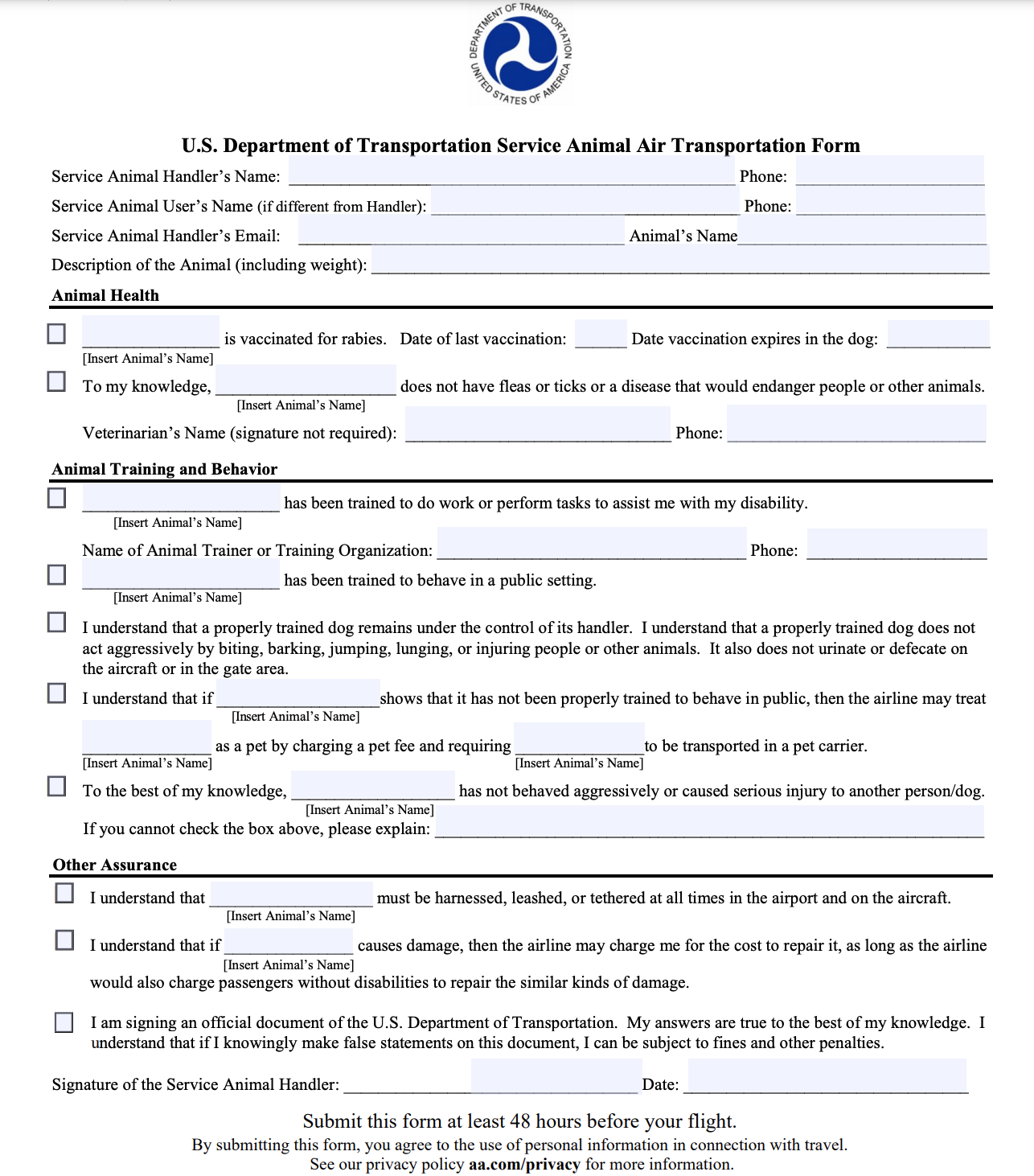 American Airlines Service Dog Air Travel Form