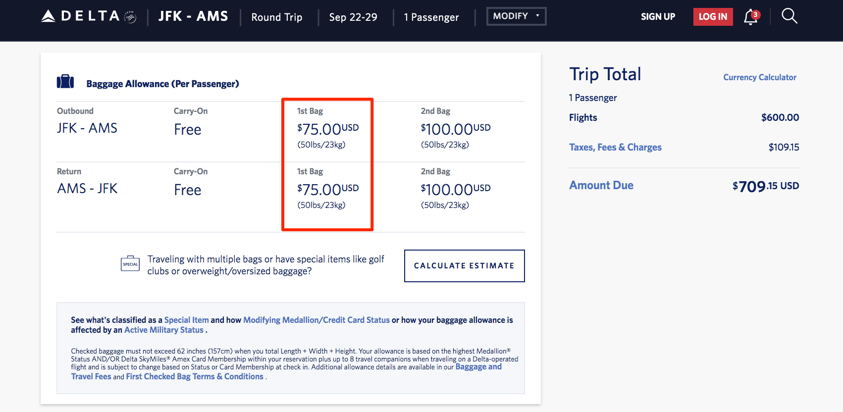 delta bag fees